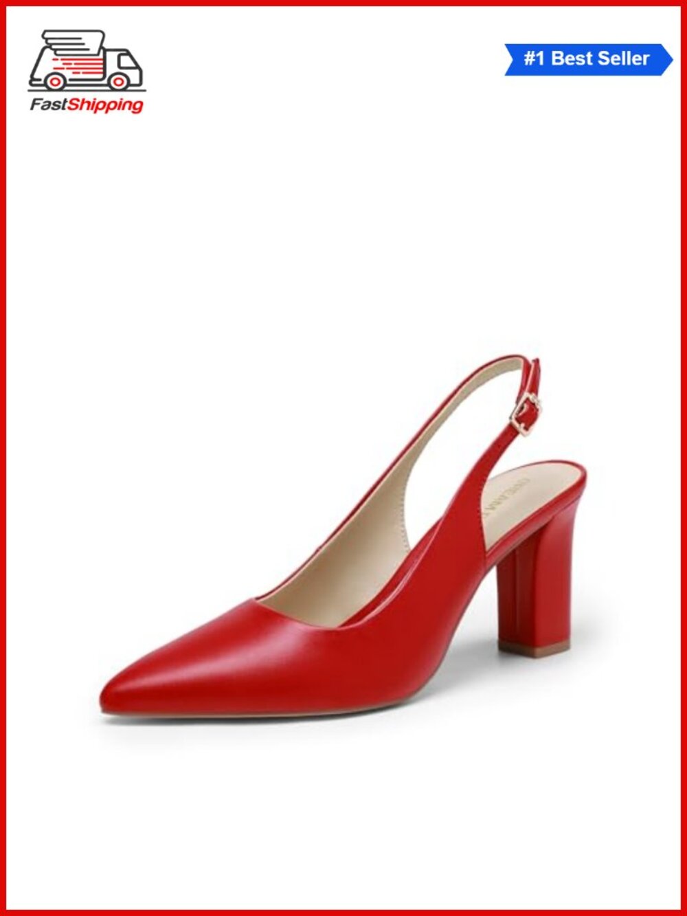 Womens Slingback Chunky Block Heel Pumps Faux Leather Pointed Toe Office Heels